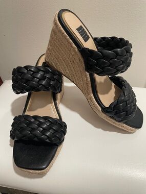 White House Black Market Black Braided Double-Strap Espadrille Wedges